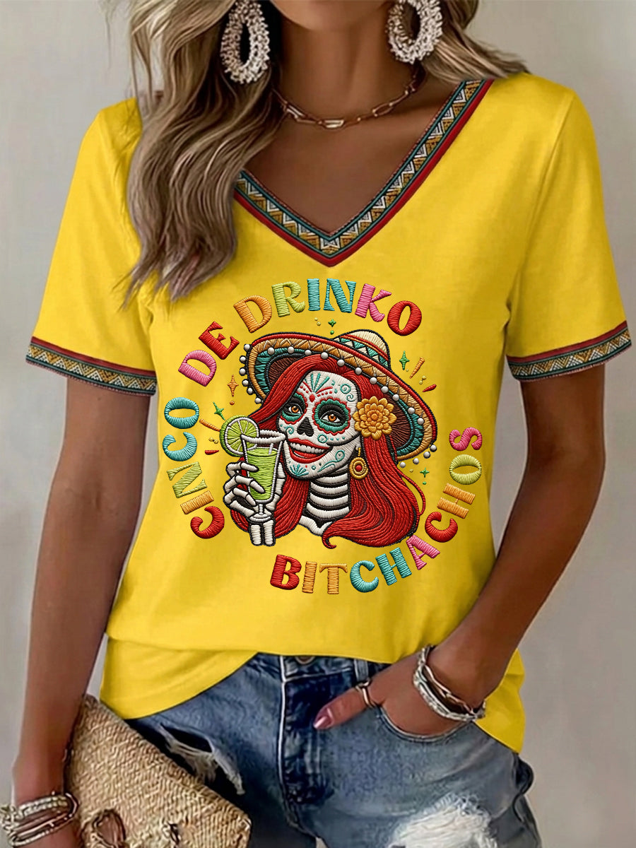Women's Funny Cinco De Drinko Bitchachos Skeleton Print Casual V-Neck Tee