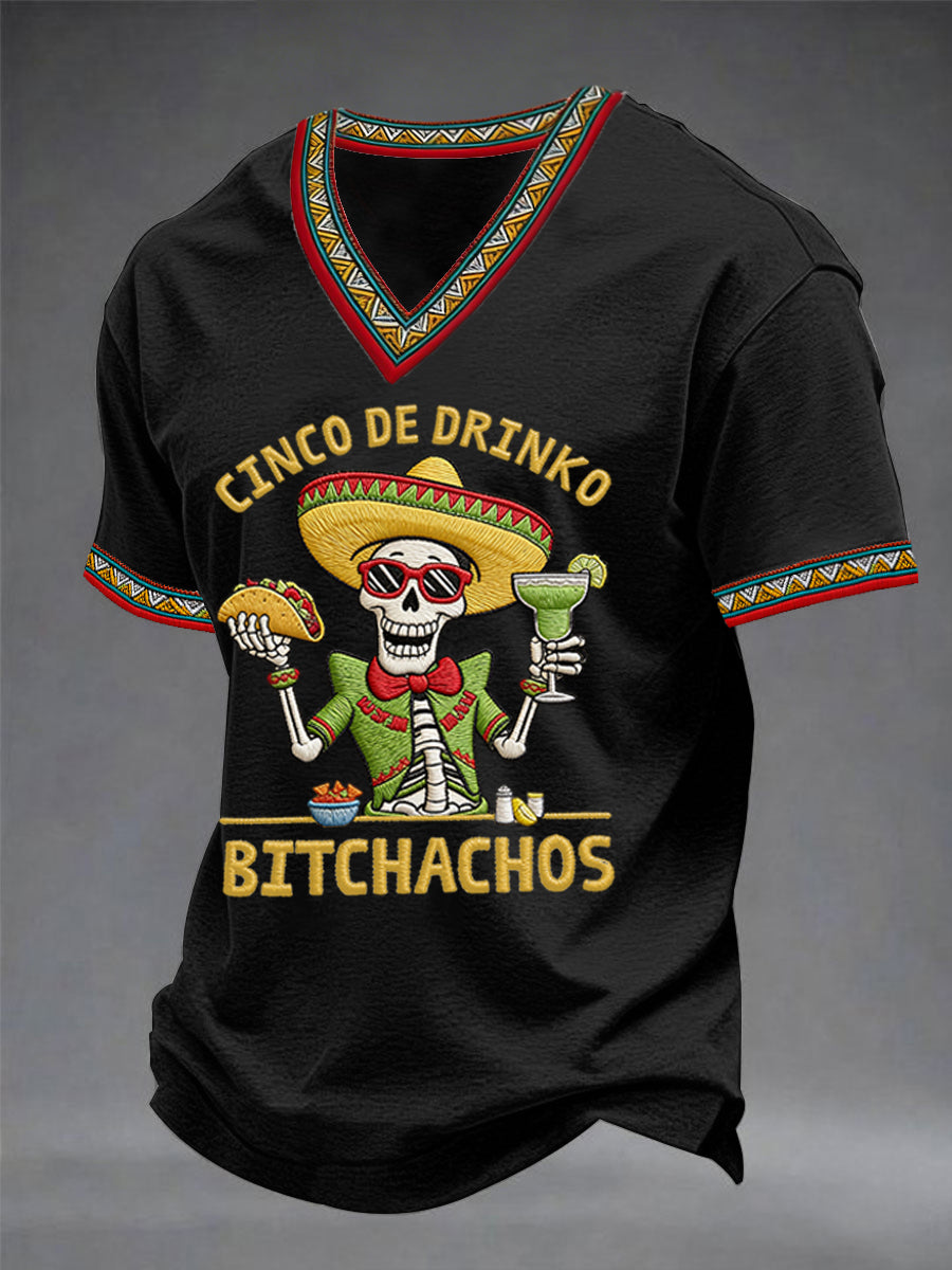Men's Funny Cinco De Mayo Bitchachos Skull Print V-neck Tee