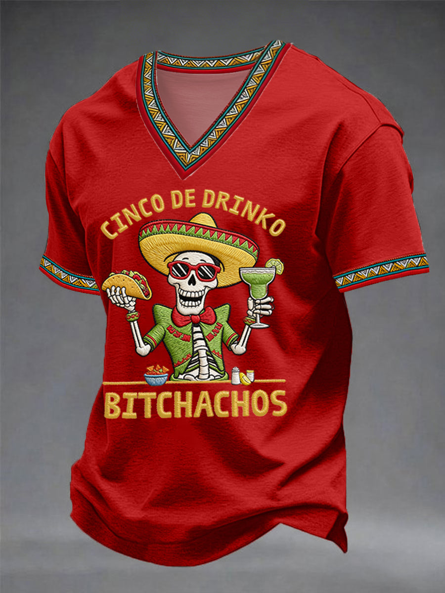 Men's Funny Cinco De Mayo Bitchachos Skull Print V-neck Tee