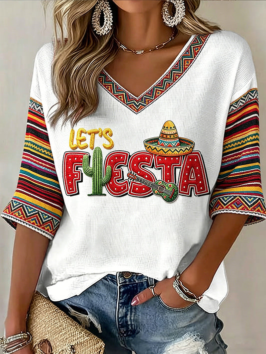 Women's V-neck Mid-Sleeve Cinco de Mayo Printed Casual T-shirt