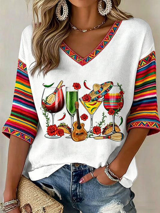 Women's V-neck Mid-Sleeve Cinco de Mayo Printed Casual T-shirt