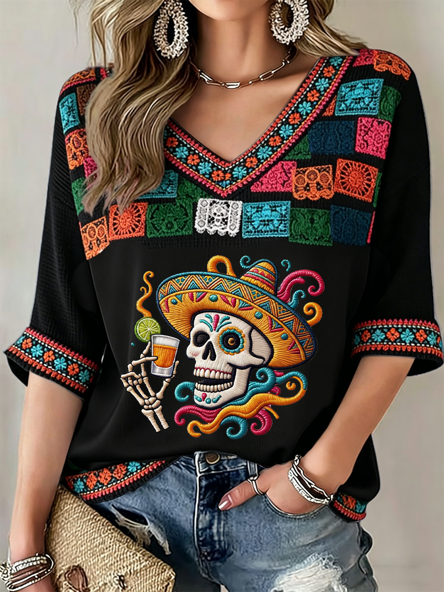 Women's Cinco de Mayo Mid-length Sleeves V-Neck T-Shirt