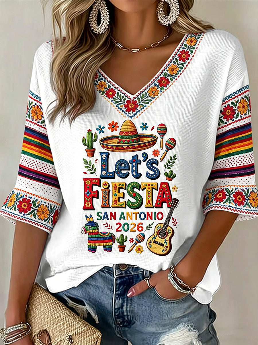 Women's V-neck Mid-Sleeve Cinco de Mayo Printed Casual T-shirt