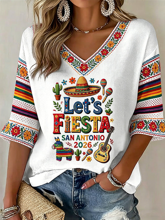 Women's V-neck Mid-Sleeve Cinco de Mayo Printed Casual T-shirt