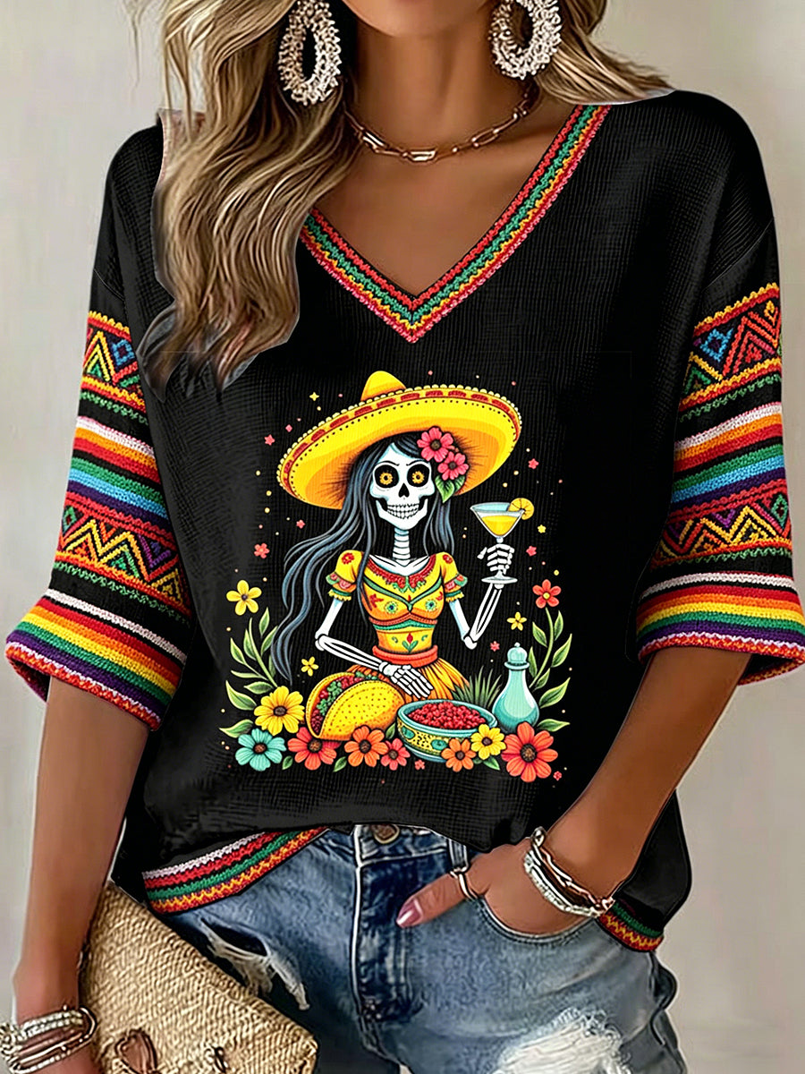 Women's V-neck Mid-Sleeve Cinco de Mayo Printed Casual T-shirt