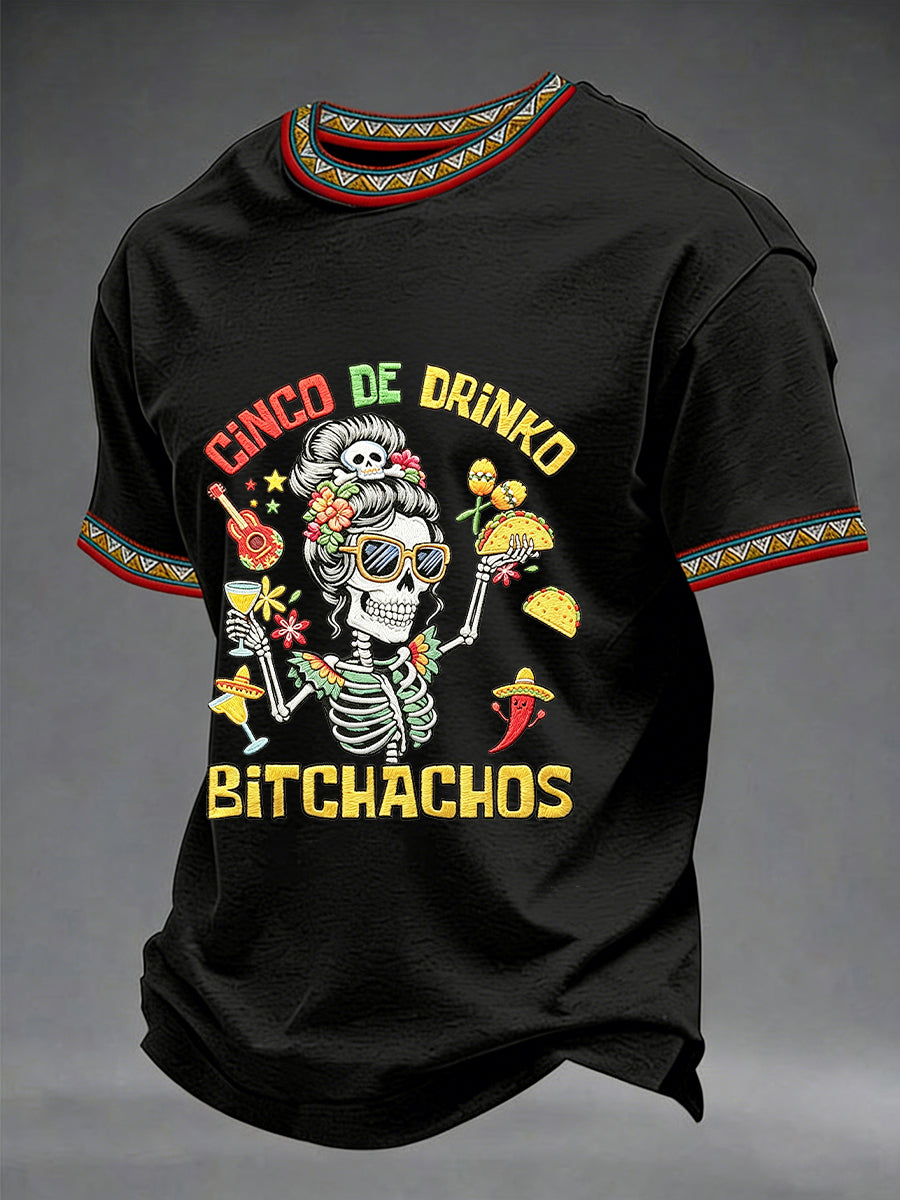 Men's Funny Cinco De Drinko Bitchachos Skeleton Print Casual Short-Sleeve T-shirt