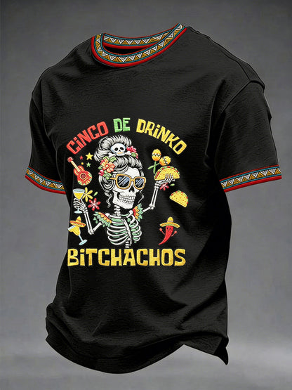Men's Funny Cinco De Drinko Bitchachos Skeleton Print Casual Short-Sleeve T-shirt