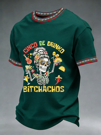 Men's Funny Cinco De Drinko Bitchachos Skeleton Print Casual Short-Sleeve T-shirt