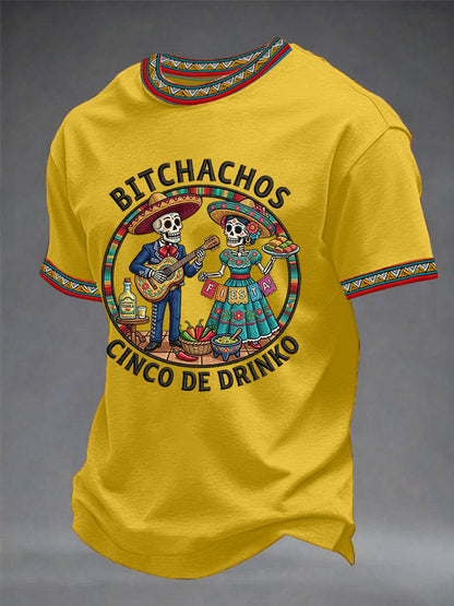 Men's Funny Cinco De Drinko Bitchachos Skeleton Print Casual Tee