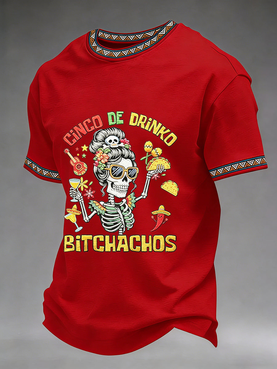 Men's Funny Cinco De Drinko Bitchachos Skeleton Print Casual Short-Sleeve T-shirt