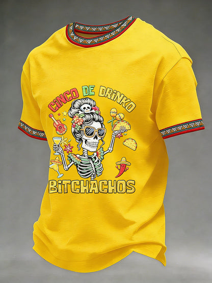 Men's Funny Cinco De Drinko Bitchachos Skeleton Print Casual Short-Sleeve T-shirt