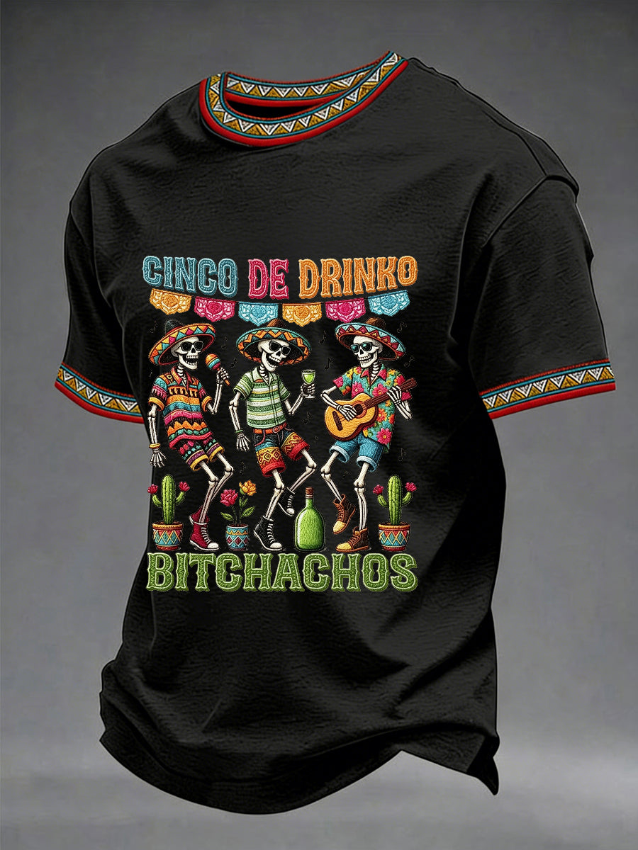 Men's Funny Cinco De Drinko Bitchachos Skeleton Print Casual Short-Sleeve T-shirt