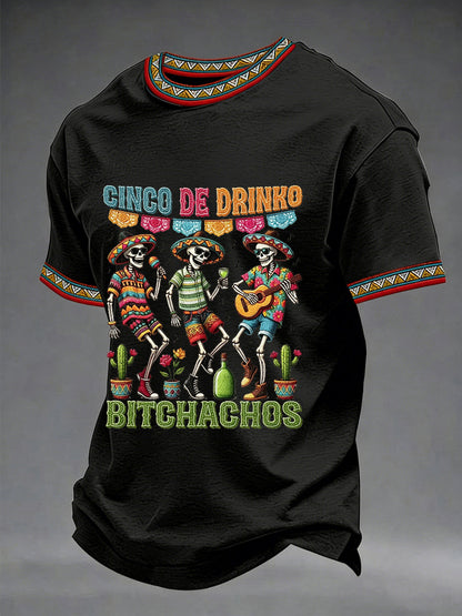 Men's Funny Cinco De Drinko Bitchachos Skeleton Print Casual Short-Sleeve T-shirt