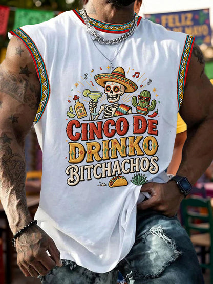 Men's Funny Cinco De Drinko Bitchachos Skull Print Tank Top