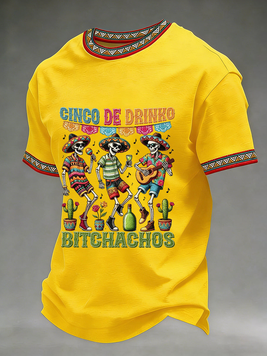 Men's Funny Cinco De Drinko Bitchachos Skeleton Print Casual Short-Sleeve T-shirt