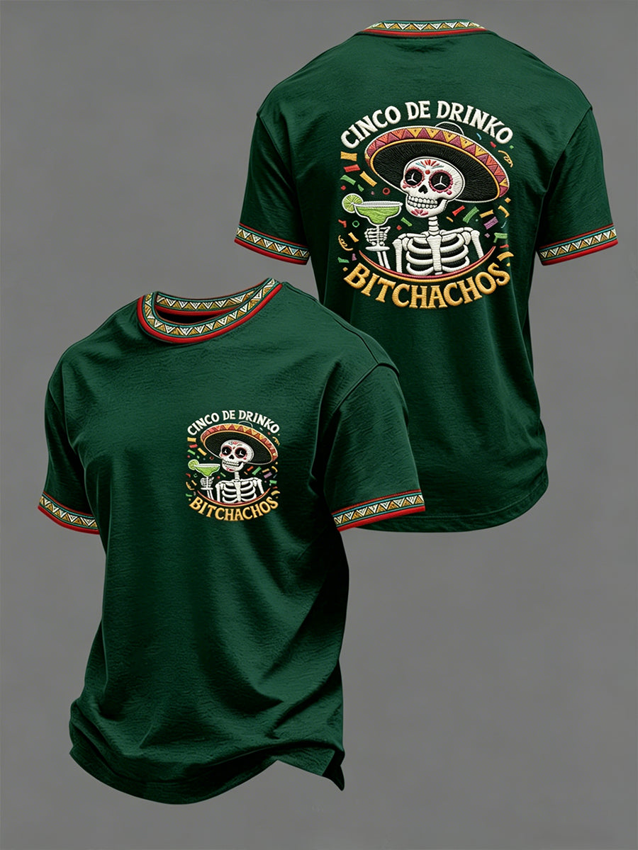 Men's Funny Cinco De Drinko Bitchachos Skeleton Print Casual Short-Sleeve T-shirt