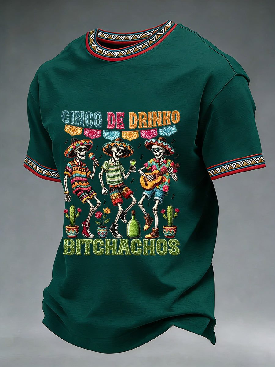 Men's Funny Cinco De Drinko Bitchachos Skeleton Print Casual Short-Sleeve T-shirt