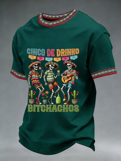 Men's Funny Cinco De Drinko Bitchachos Skeleton Print Casual Short-Sleeve T-shirt