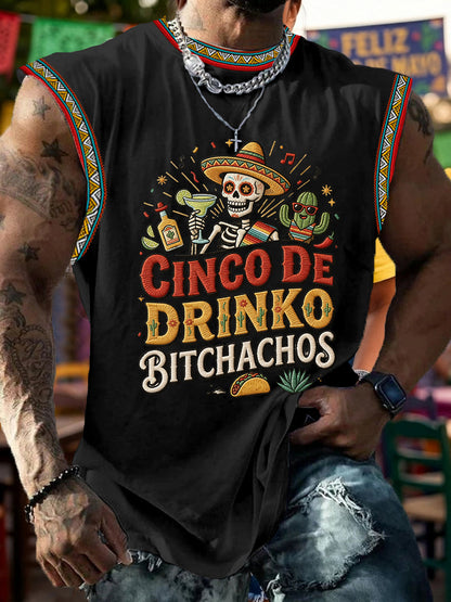 Men's Funny Cinco De Drinko Bitchachos Skull Print Tank Top