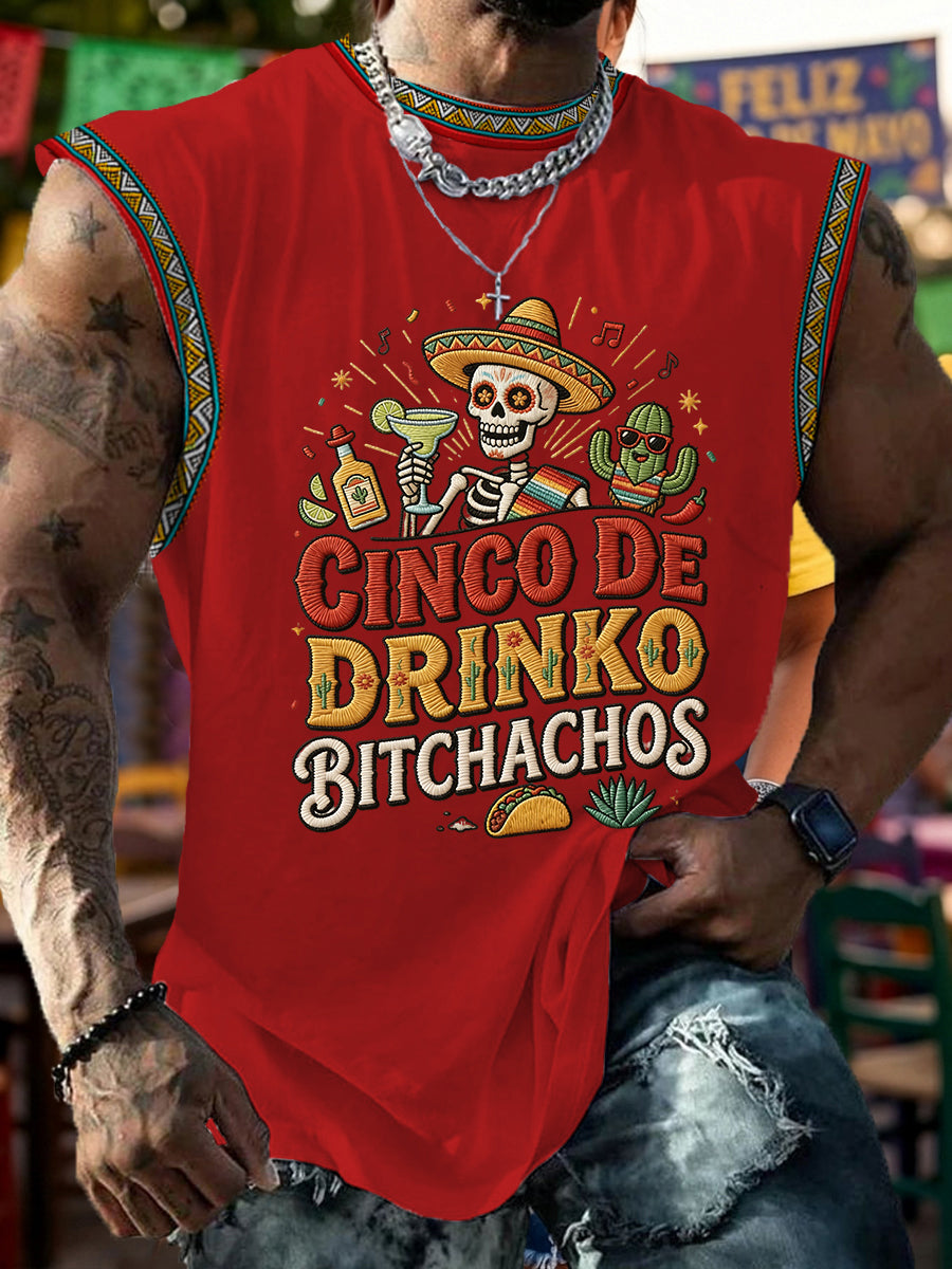 Men's Funny Cinco De Drinko Bitchachos Skull Print Tank Top