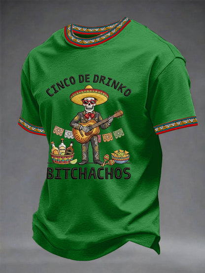 Men's Funny Cinco De Drinko Bitchachos Skeleton Print Casual Tee