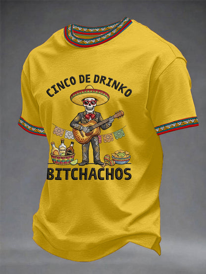 Men's Funny Cinco De Drinko Bitchachos Skeleton Print Casual Tee