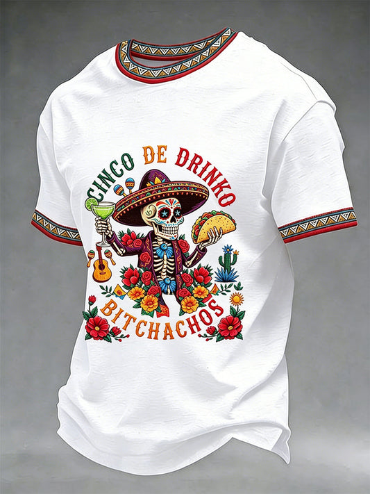 Men's Funny Cinco De Drinko Bitchachos Skeleton Print Casual Short-Sleeve T-shirt