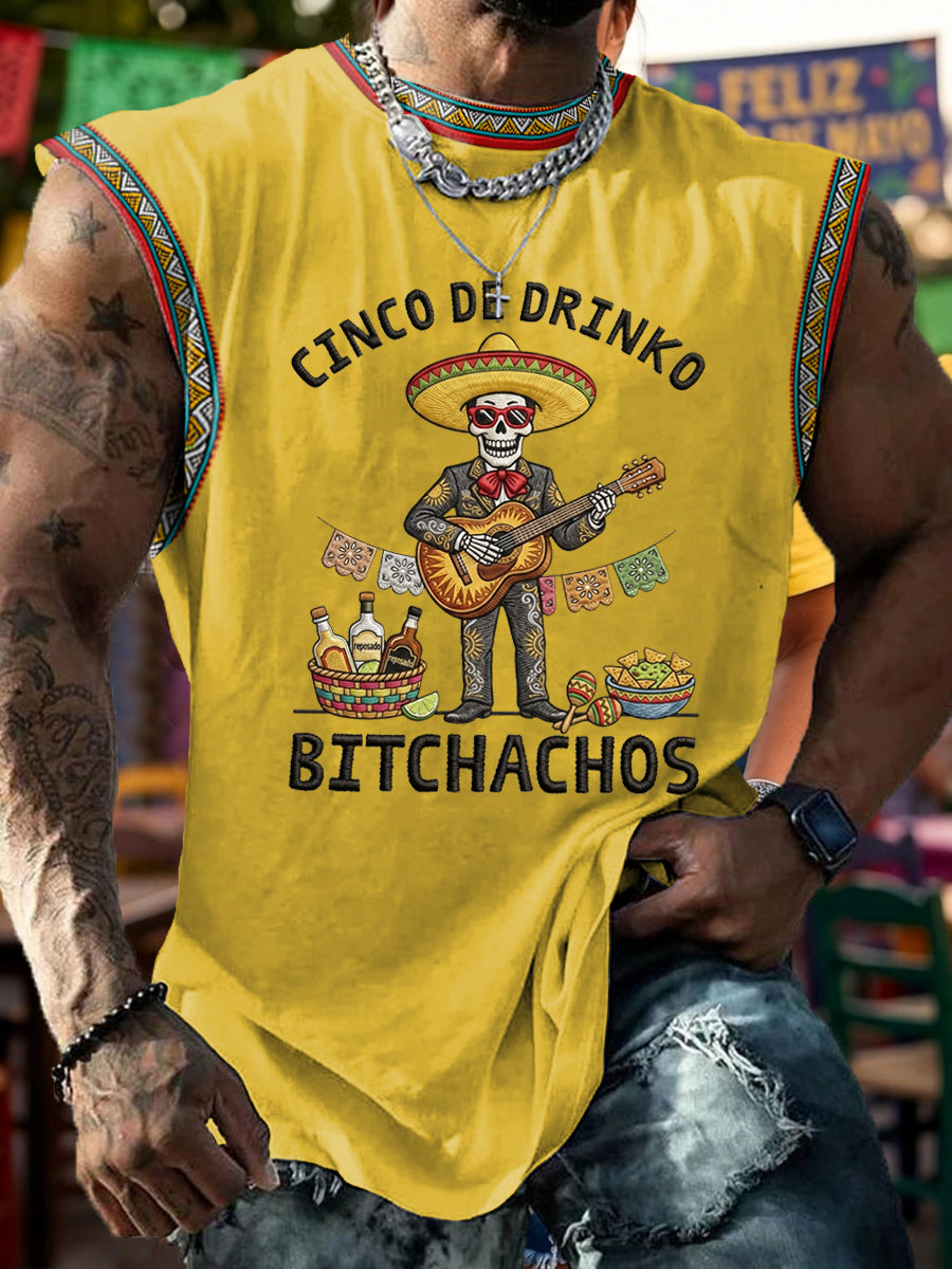 Men's Funny Cinco De Drinko Bitchachos Skeleton Print Casual Tank Top