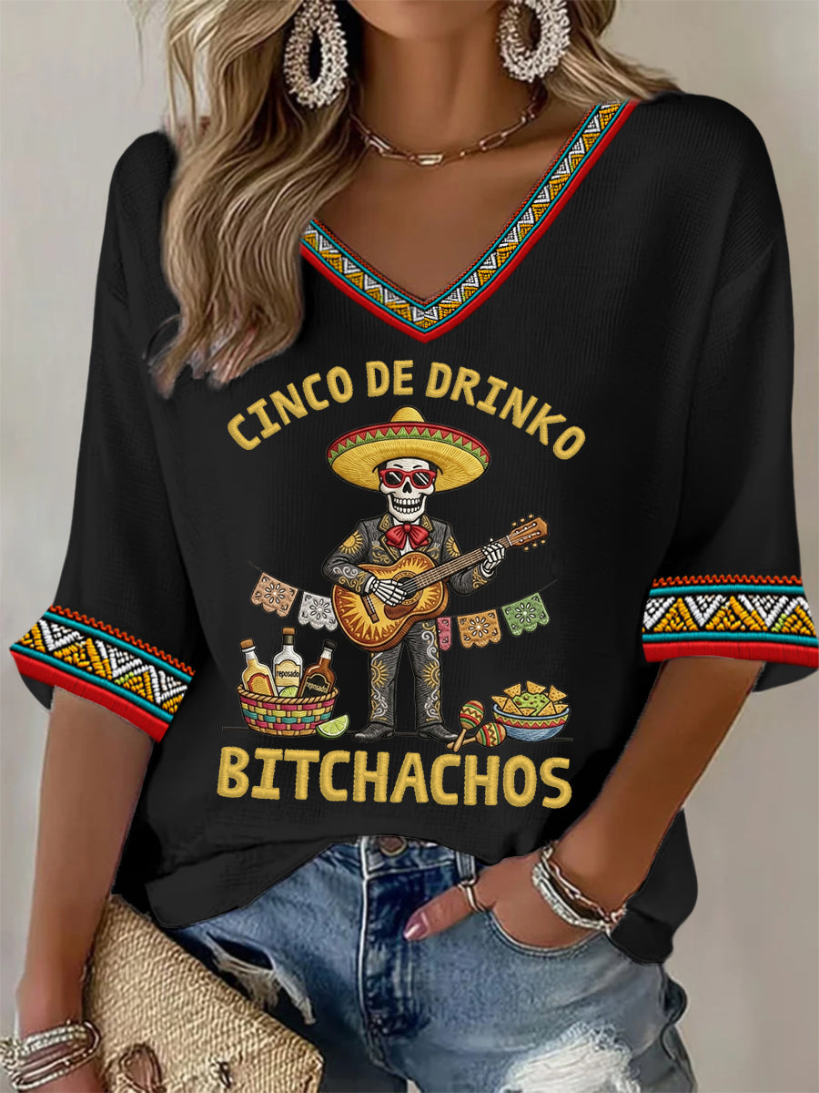 Women's Funny Cinco De Drinko Bitchachos Skeleton Print Casual Waffle Top