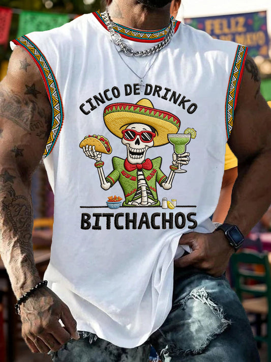Men's Funny Cinco De Drinko Bitchachos Skull Print  Tank Top
