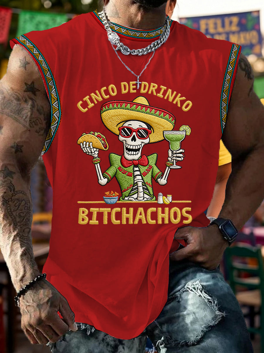 Men's Funny Cinco De Drinko Bitchachos Skull Print  Tank Top