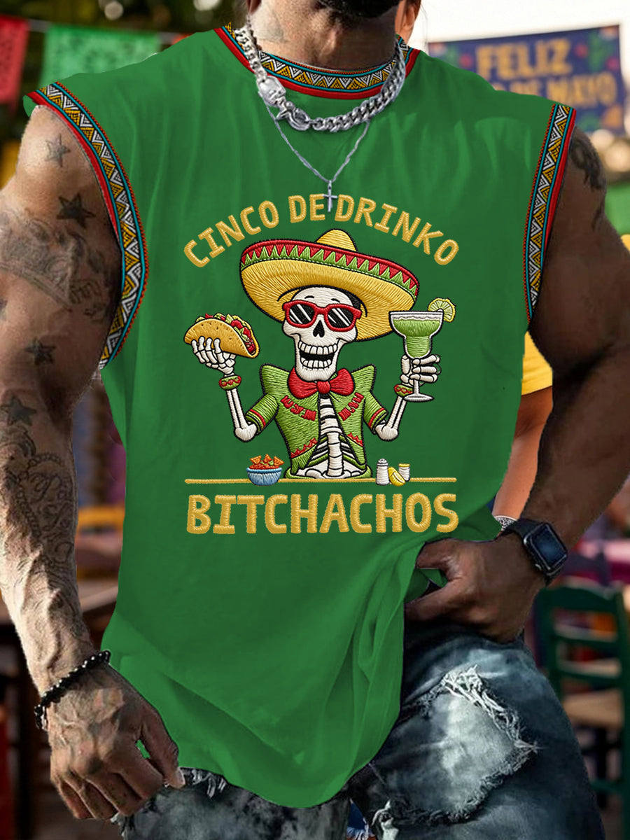 Men's Funny Cinco De Drinko Bitchachos Skull Print  Tank Top