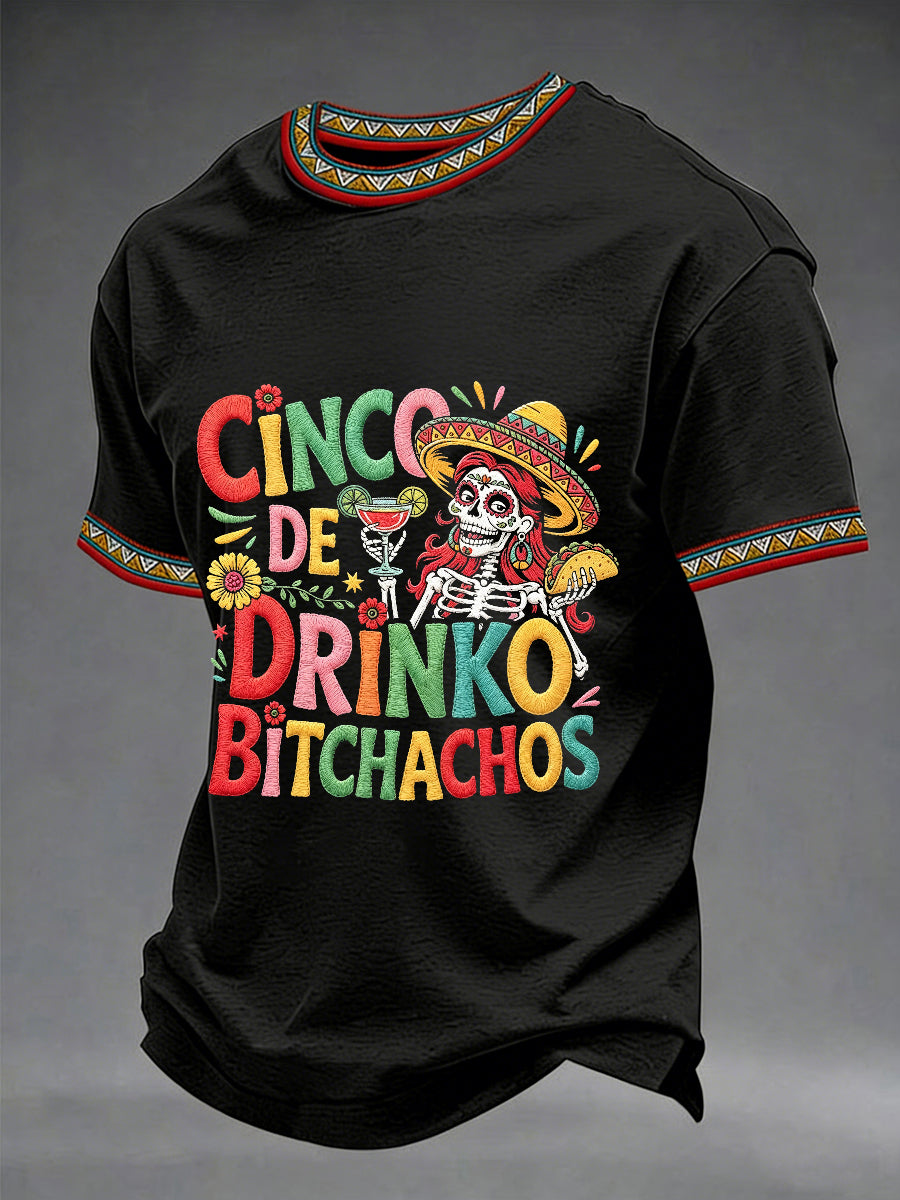 Men's Funny Cinco De Drinko Bitchachos Skeleton Print Casual Short-Sleeve T-shirt