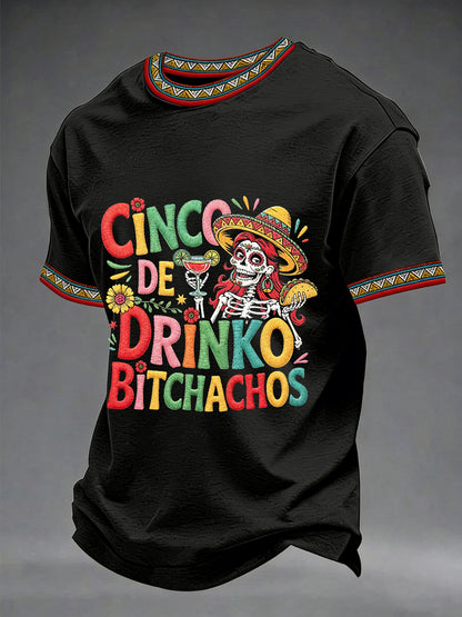 Men's Funny Cinco De Drinko Bitchachos Skeleton Print Casual Short-Sleeve T-shirt