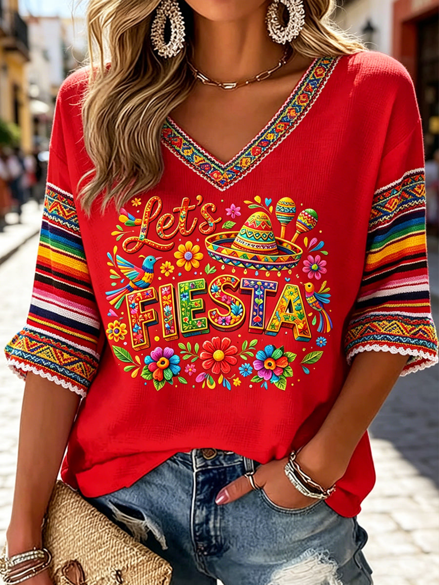 Women's V-neck Mid-Sleeve Cinco de Mayo Printed Casual T-shirt