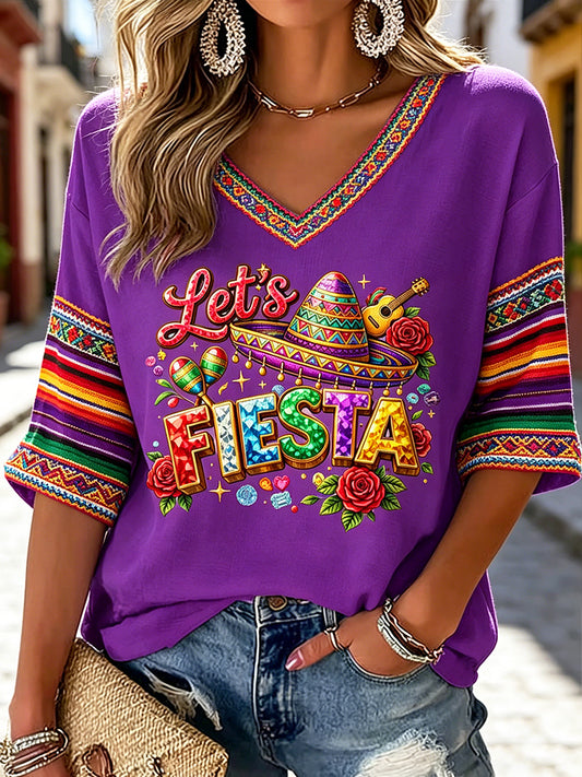 Women's V-neck Mid-Sleeve Cinco de Mayo Printed Casual T-shirt
