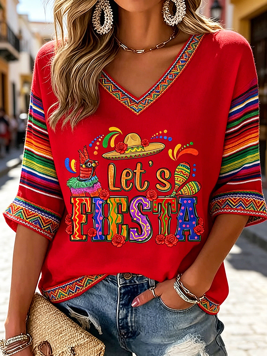 Women's V-neck Mid-Sleeve Cinco de Mayo Printed Casual T-shirt