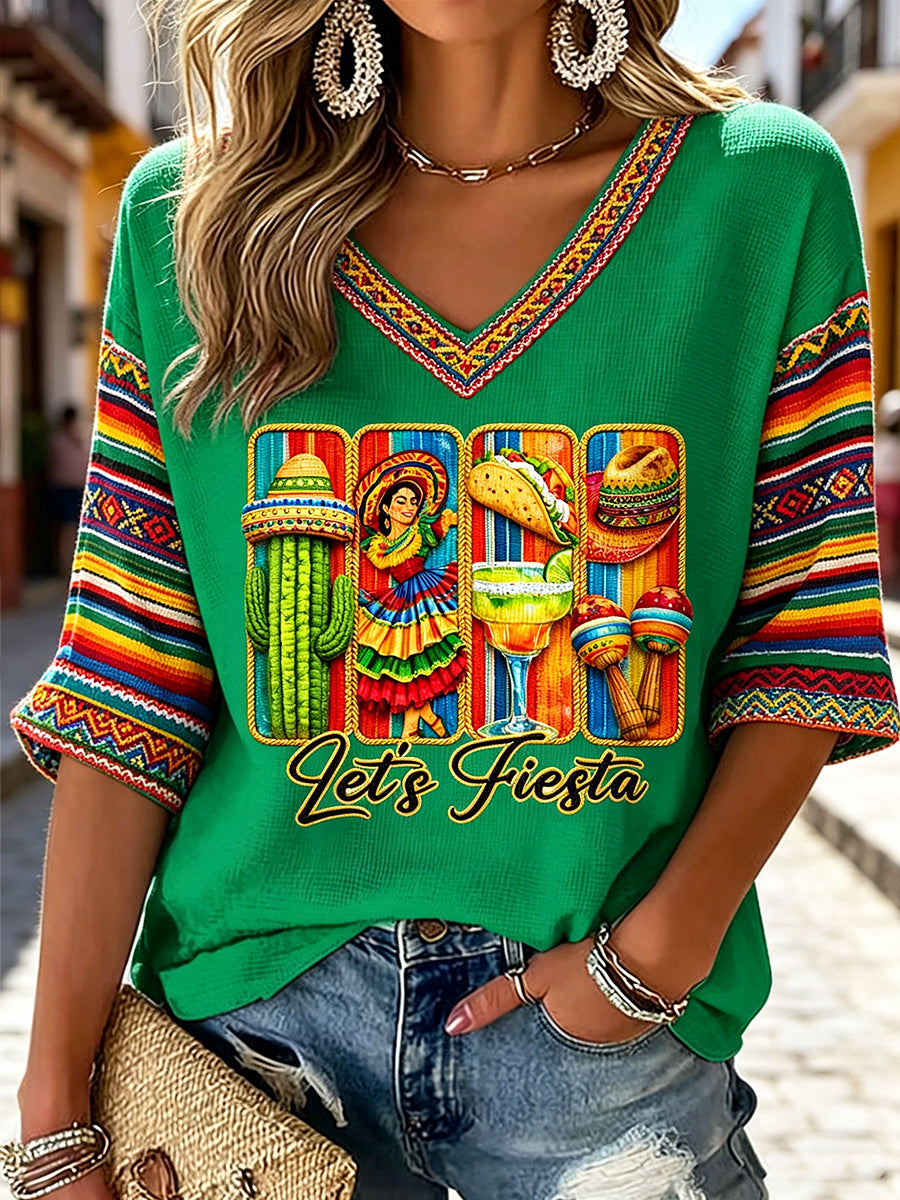 Women's V-neck Mid-Sleeve Cinco de Mayo Printed Casual T-shirt