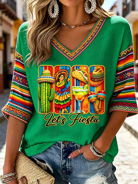 Women's V-neck Mid-Sleeve Cinco de Mayo Printed Casual T-shirt