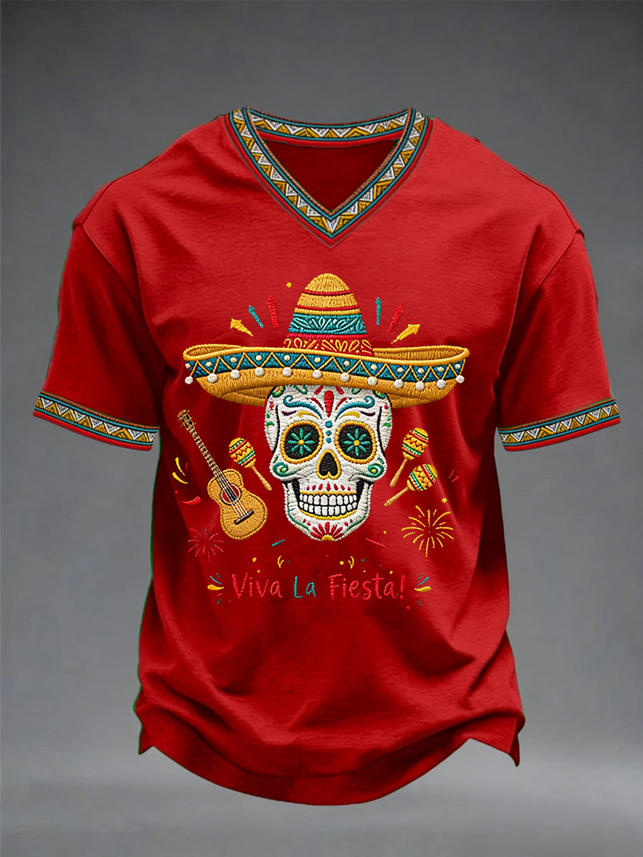 Men's Viva La Fiesta! Skeleton Print Casual V-Neck Tee