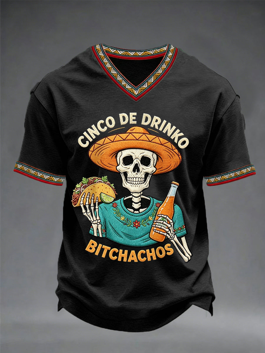 Men's Funny Cinco De Drinko Bitchachos Skeleton Print Casual V-Neck Tee