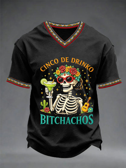 Men's Funny Cinco De Drinko Bitchachos Skeleton Print Casual Short-Sleeve V-neck T-shirt