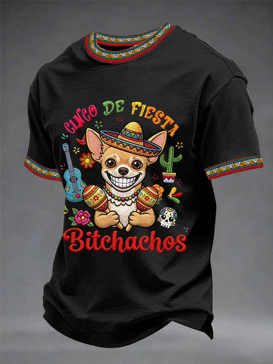 Men's Funny Cinco De Fiesta Bitchachos Dog Print Casual Tee