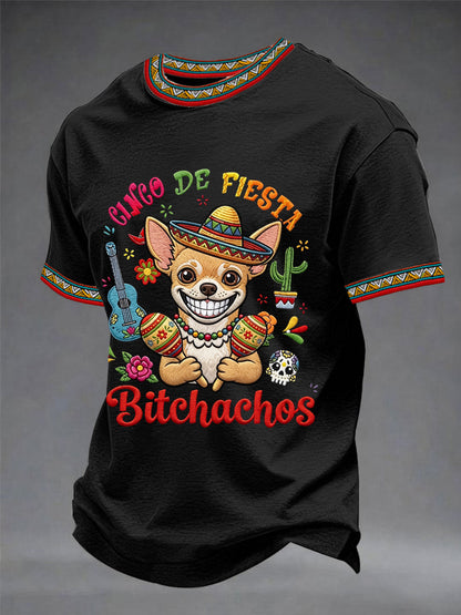 Men's Funny Cinco De Fiesta Bitchachos Dog Print Casual Tee