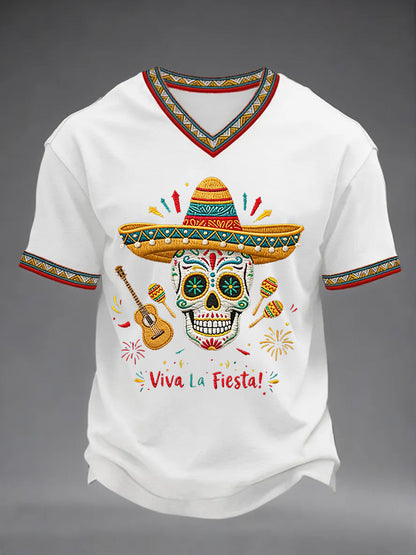 Men's Viva La Fiesta! Skeleton Print Casual V-Neck Tee