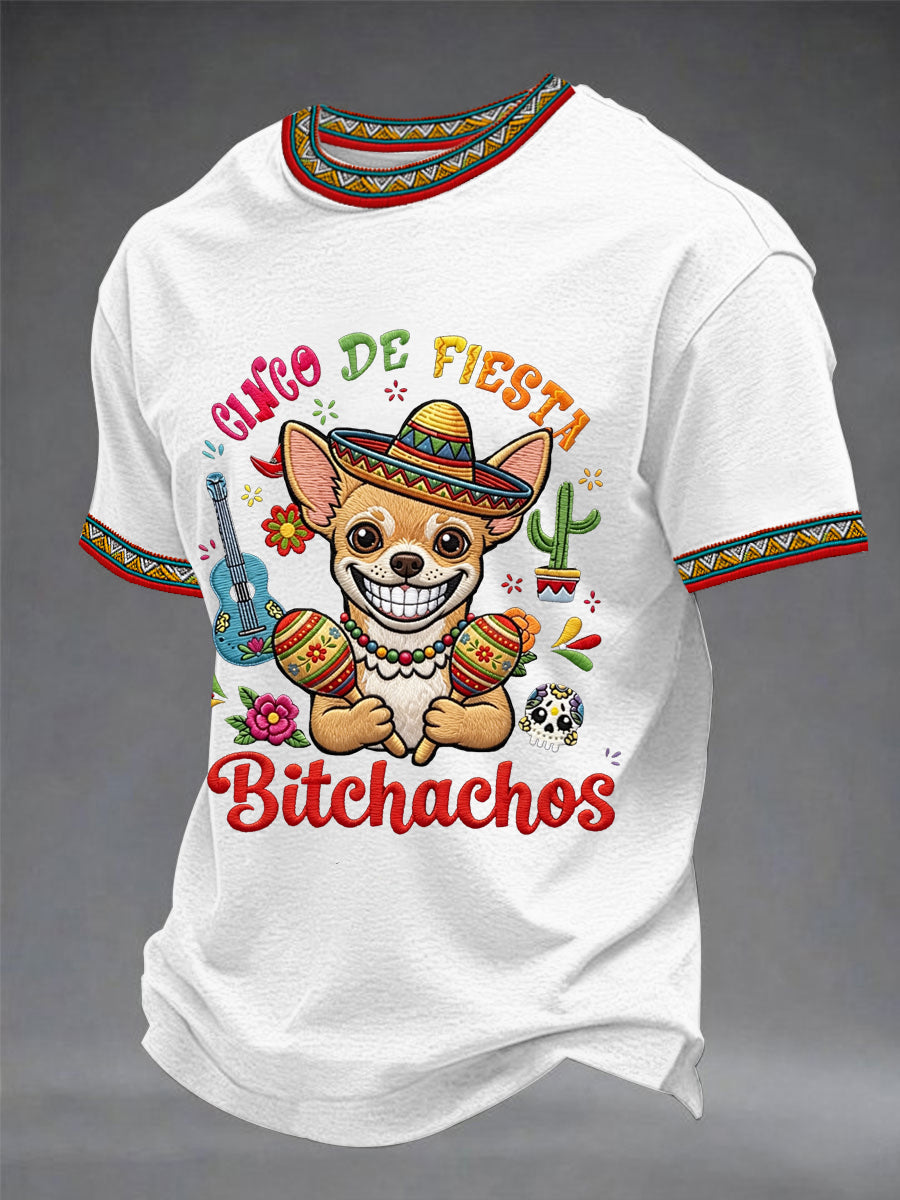 Men's Funny Cinco De Fiesta Bitchachos Dog Print Casual Tee
