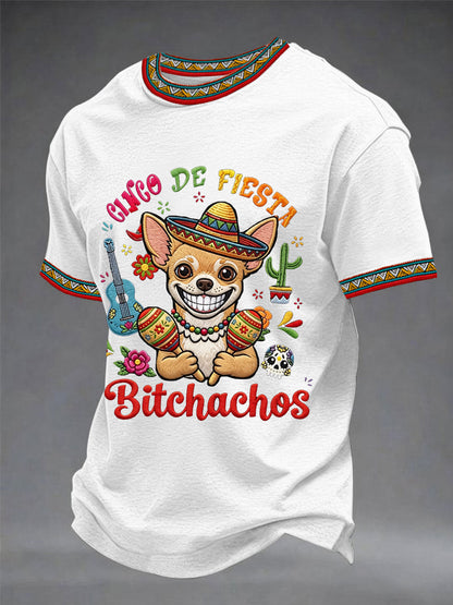 Men's Funny Cinco De Fiesta Bitchachos Dog Print Casual Tee