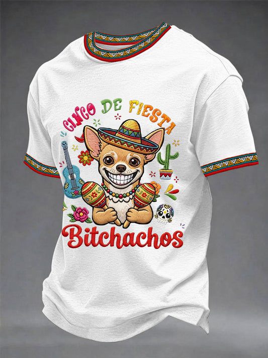 Men's Funny Cinco De Fiesta Bitchachos Dog Print Casual Tee