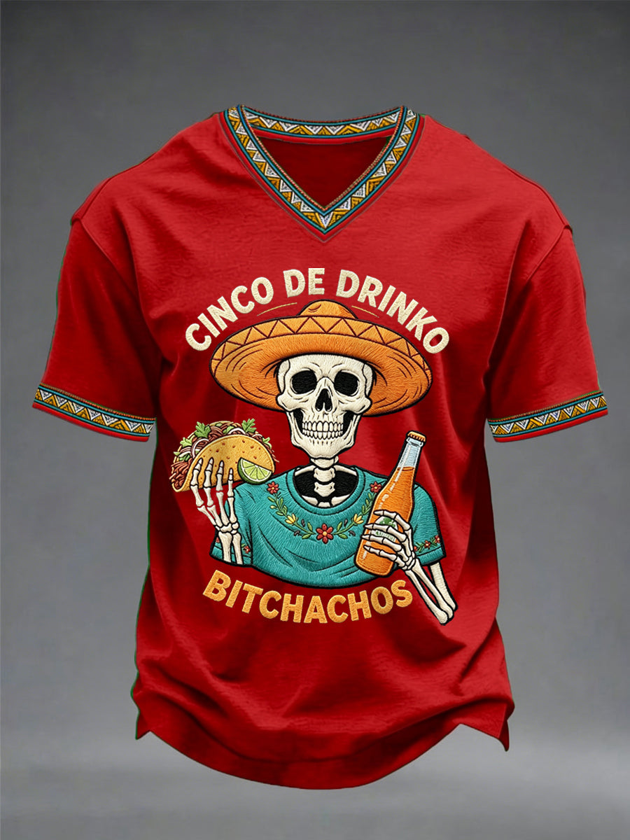 Men's Funny Cinco De Drinko Bitchachos Skeleton Print Casual V-Neck Tee