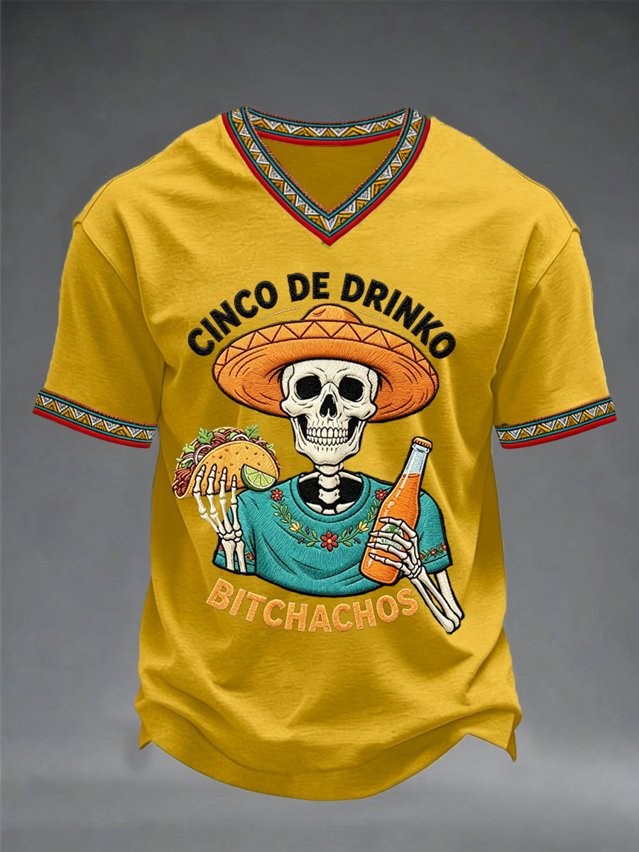 Men's Funny Cinco De Drinko Bitchachos Skeleton Print Casual V-Neck Tee